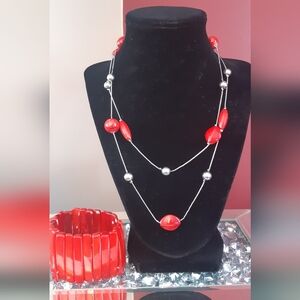 Red And Silver Costume Necklace 38" In  Length Selling With Red Shell Bracelet.